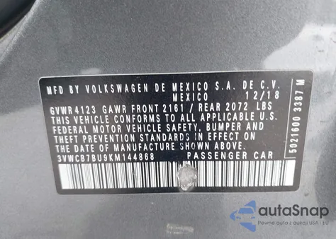 2019 Volkswagen Jetta 1.4T R-Line/1.4T S/1.4T Se z USA, uszkodzony, nr VIN 3VWCB7BU9KM144868